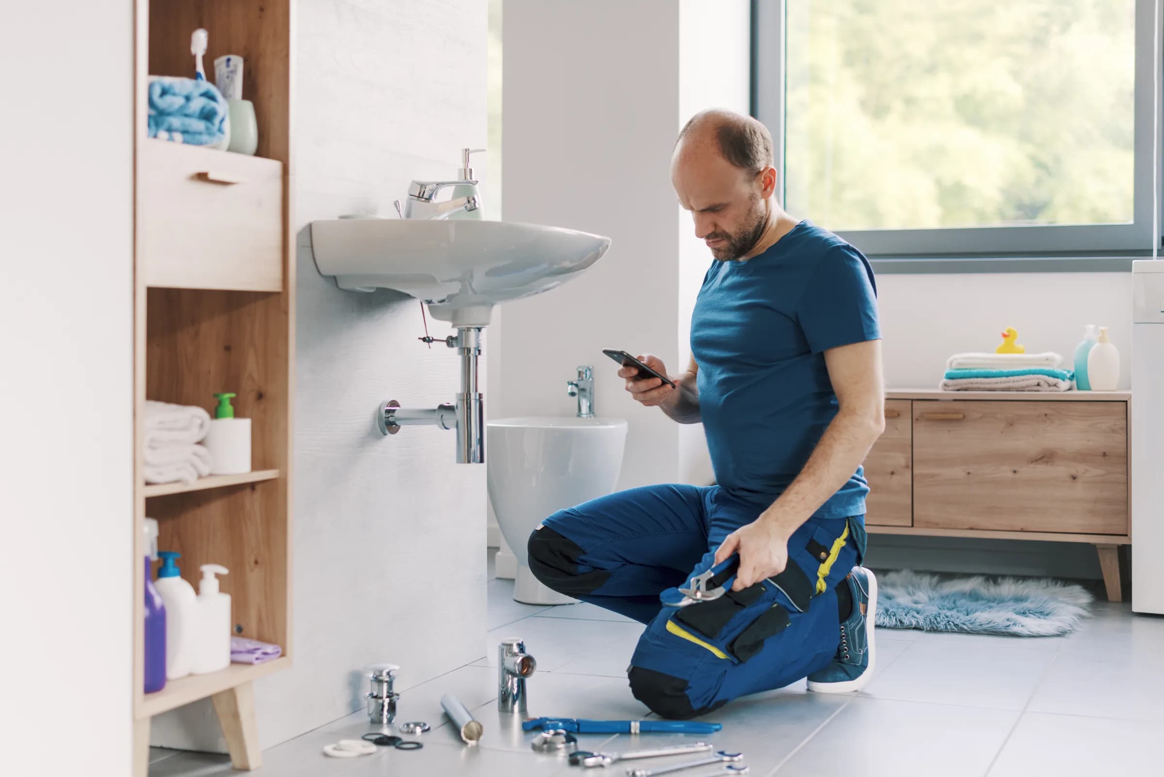 A plumber kneeling at a bathroom sink mid-job, checking his phone