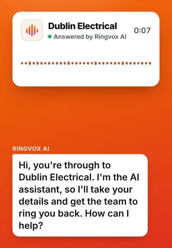 A call to Dublin Electrical answered by Ringvox AI, with the start of the conversation