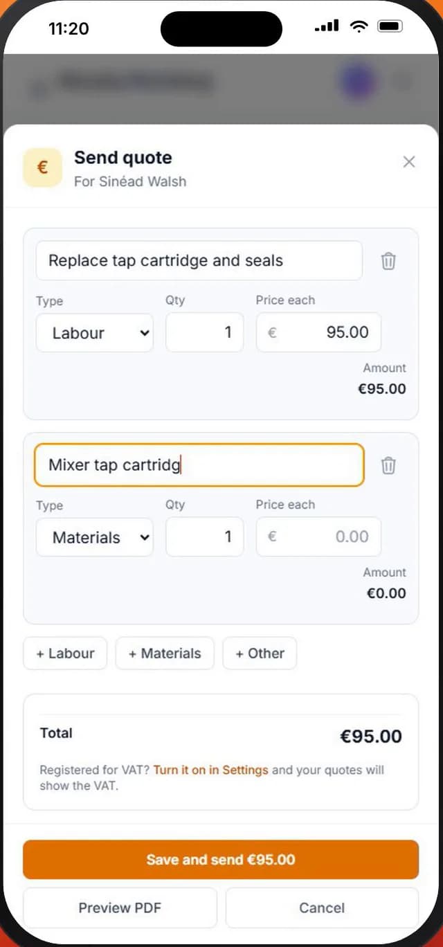 Sending a quote in Ringvox with labour and materials lines and a total of €95