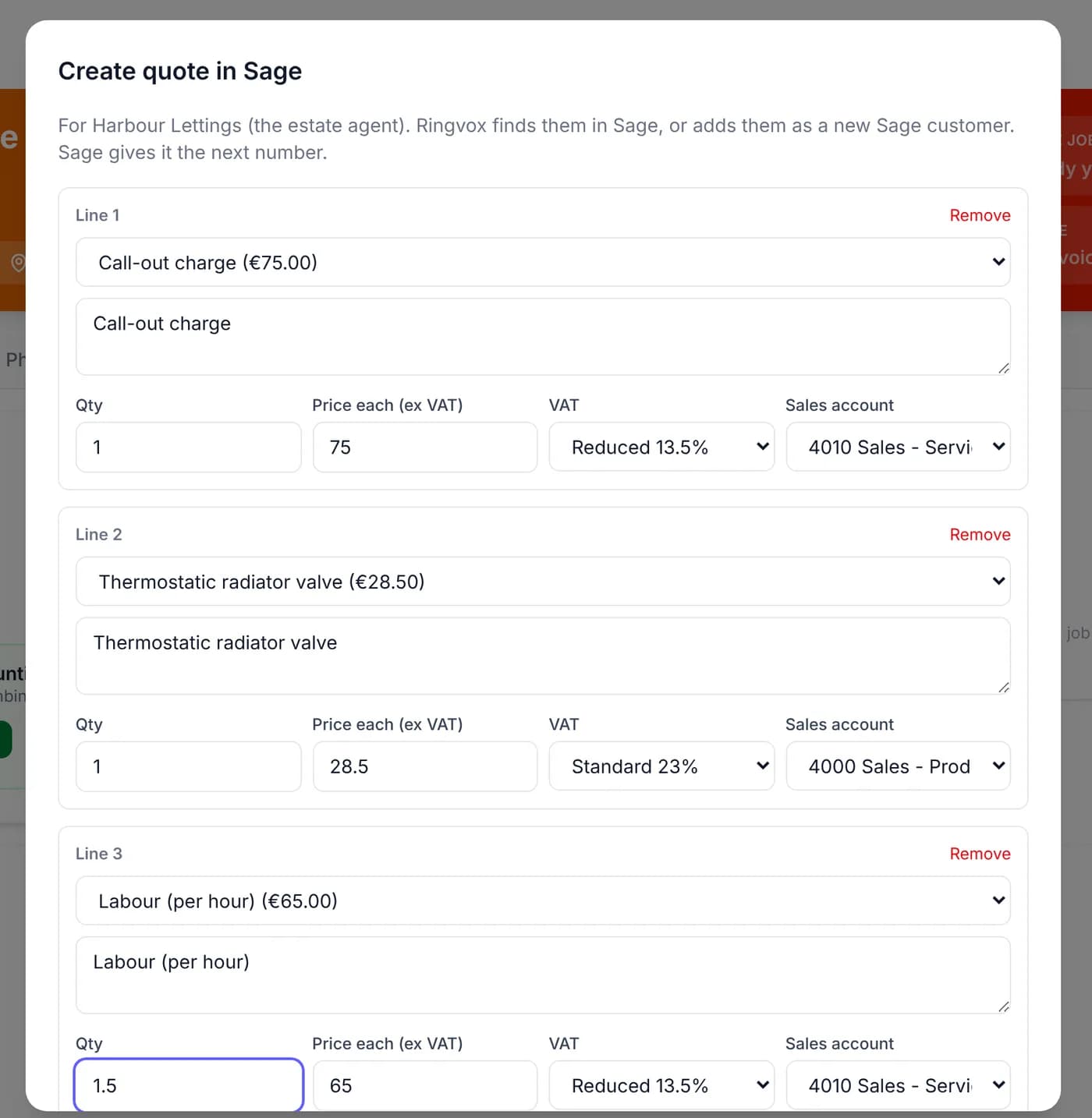 The Create quote in Sage form on a Ringvox job, with lines picked from the Sage price list, VAT rates and sales accounts