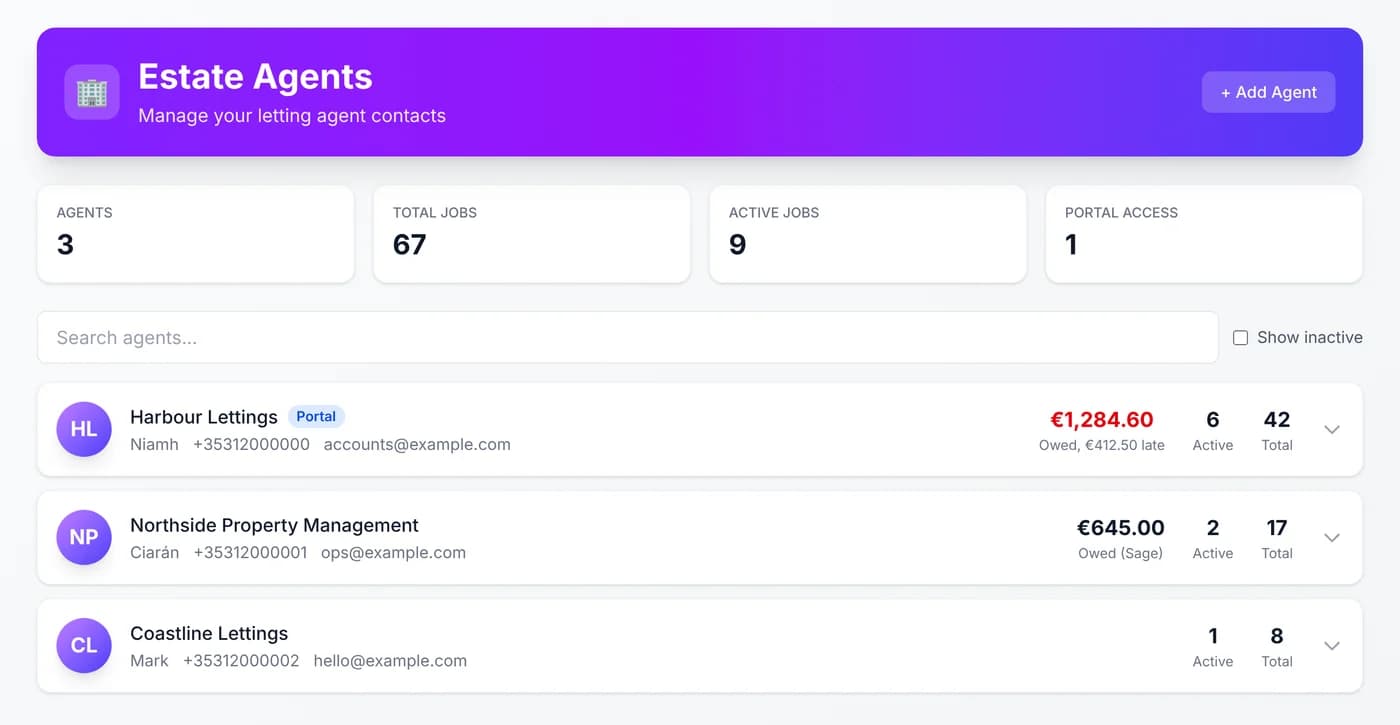 The Ringvox Estate Agents page showing what each letting agent owes on Sage invoices, with a late amount in red