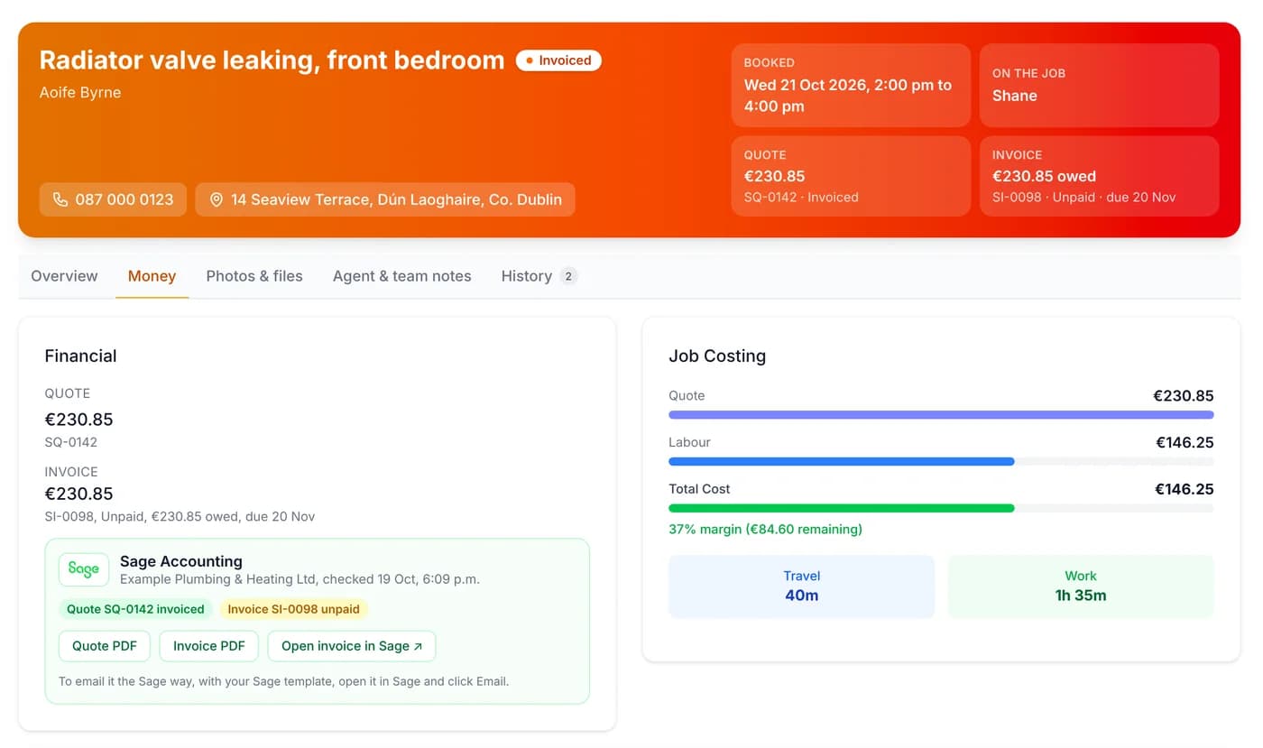 A Ringvox job showing the Sage quote invoiced and the Sage invoice unpaid, with the amount owed and the due date