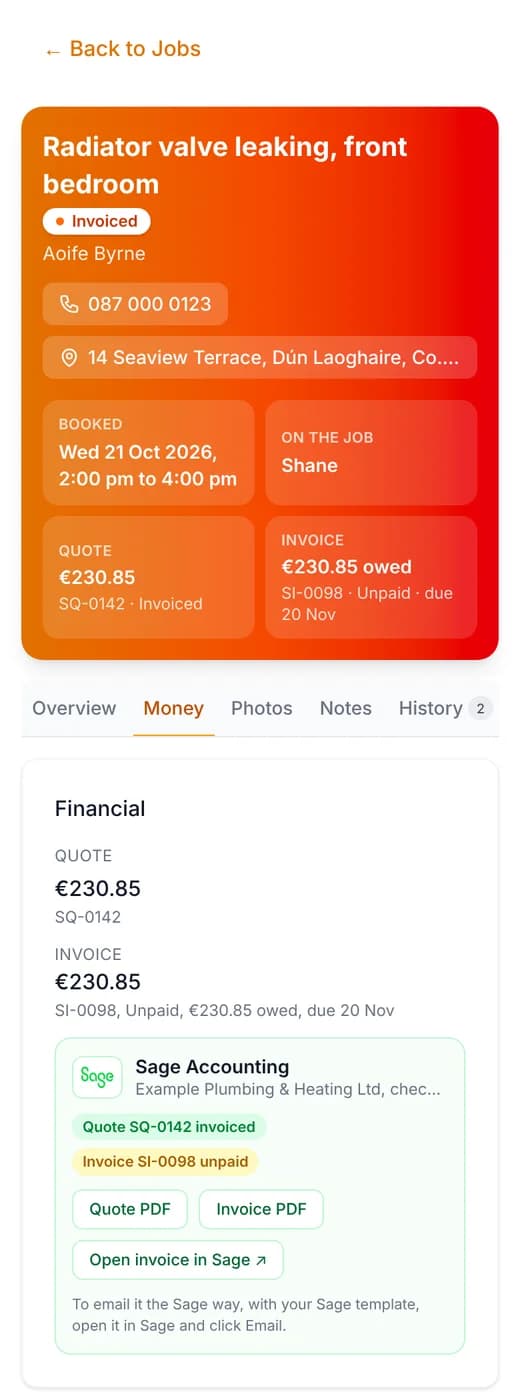 A Ringvox job on a phone: the Sage quote invoiced, the Sage invoice unpaid with the amount owed and due date