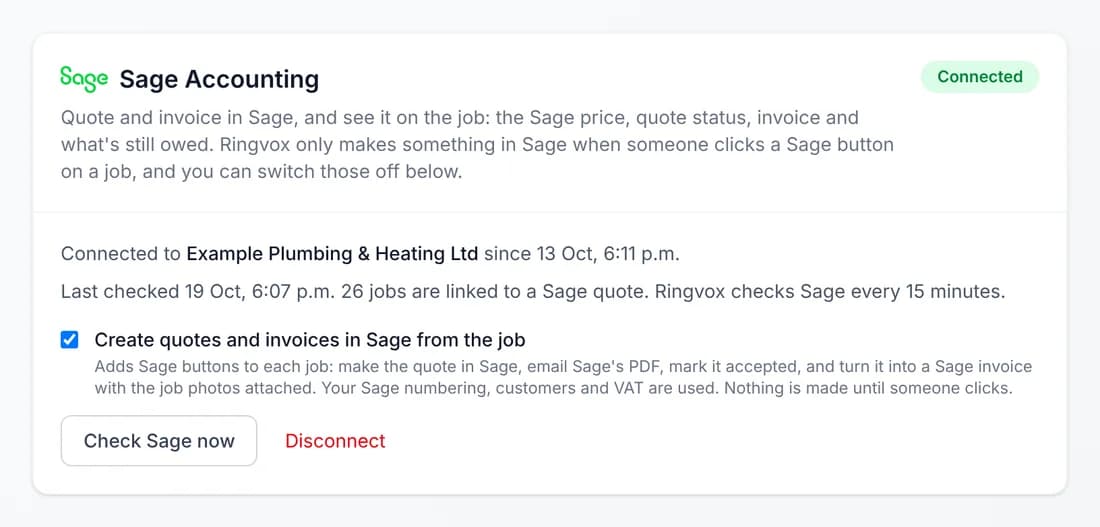 Ringvox Settings showing Sage Accounting connected, when it last checked, and how many jobs are linked
