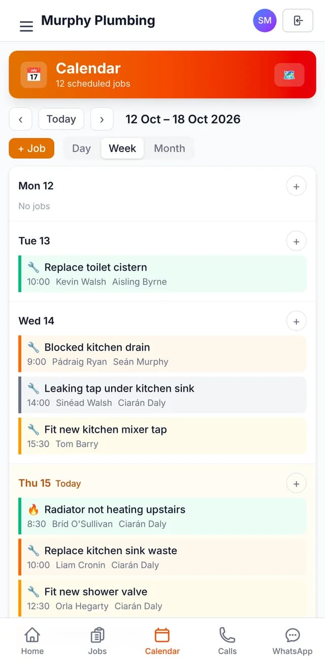 The Ringvox calendar: a week of booked jobs with times, customers and who is doing each one