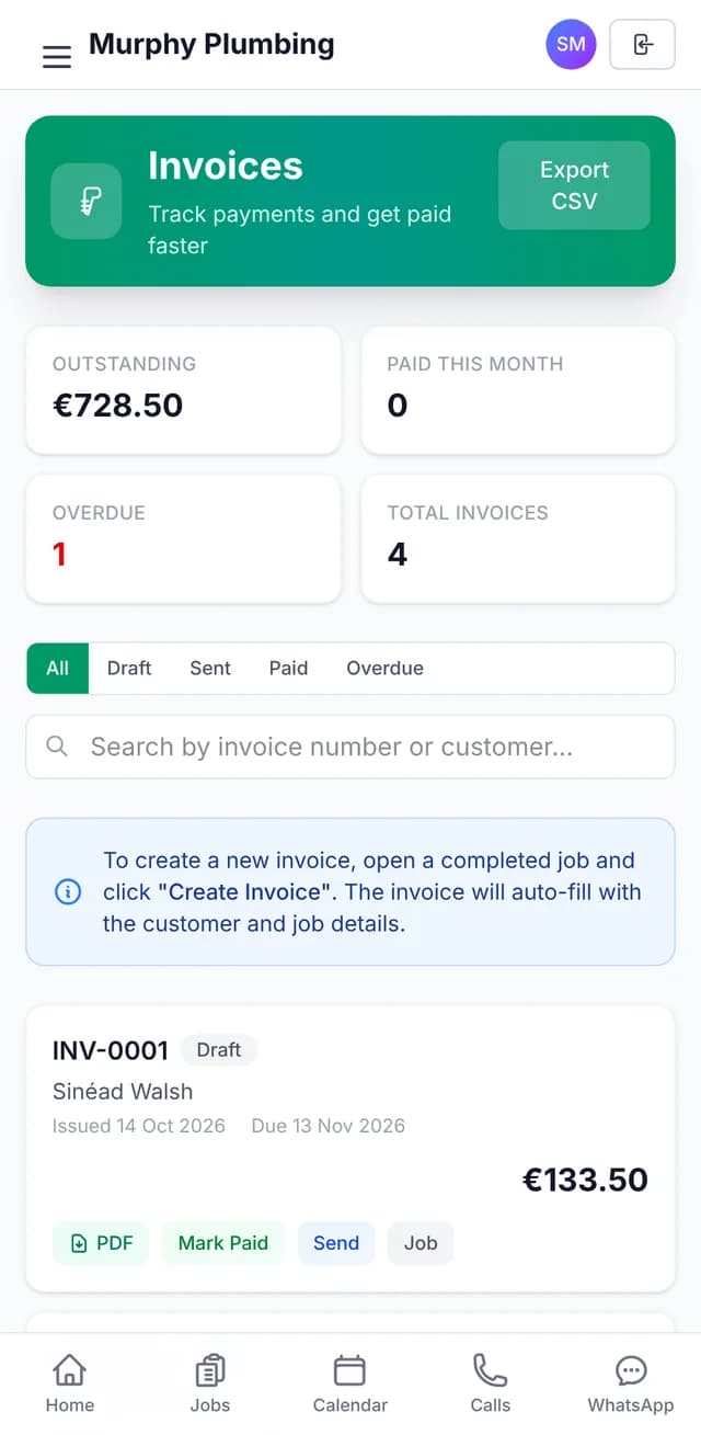 Ringvox invoices: amounts outstanding and overdue, and a numbered invoice with PDF, Mark Paid and Send
