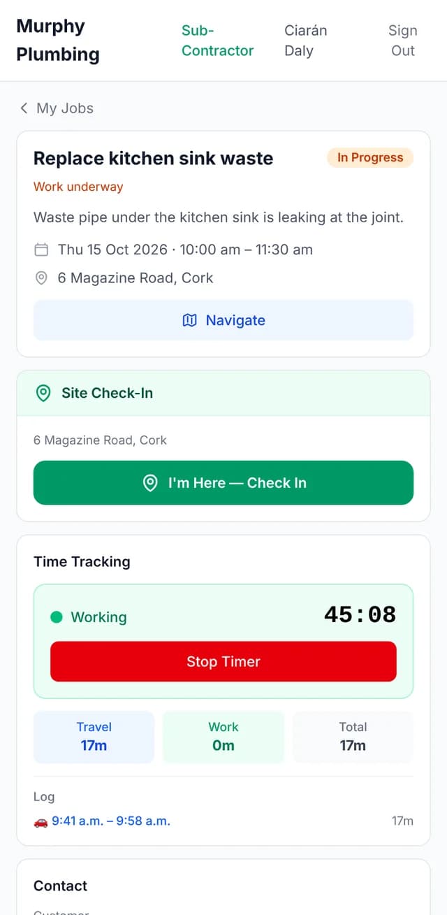 Ringvox Field on a technician’s phone: a job in progress with site check-in and the work timer running